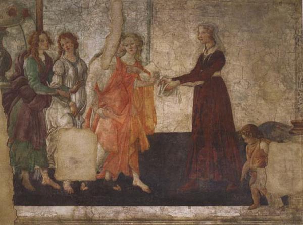 Venus and the Graces offering gifts to a youg woman, Sandro Botticelli